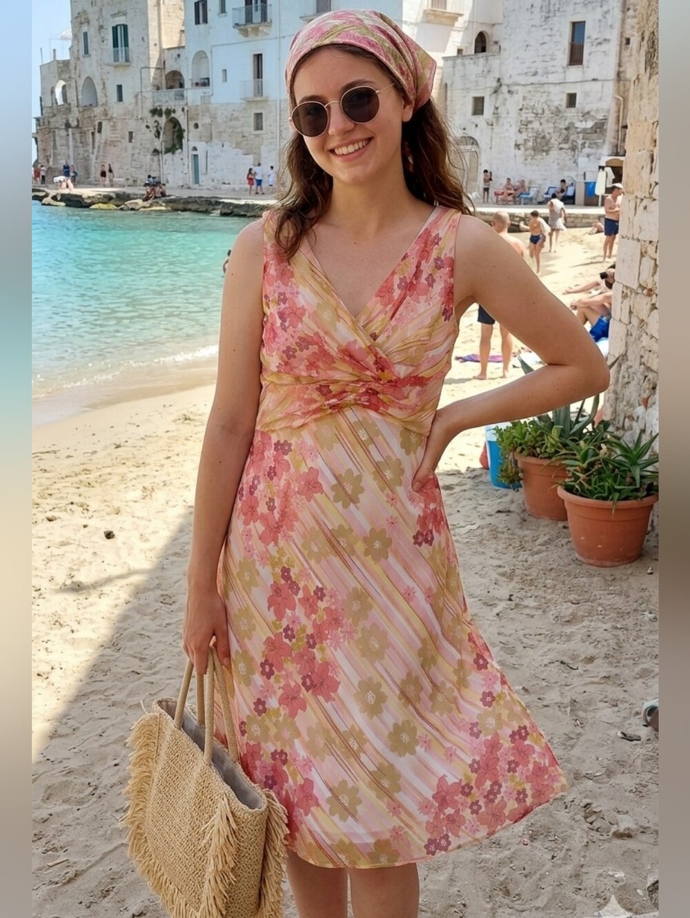 Vintage Jessica Y2K Fairy Pastel Pink Olive Chiffon V-neck Midi Dress Size 8
